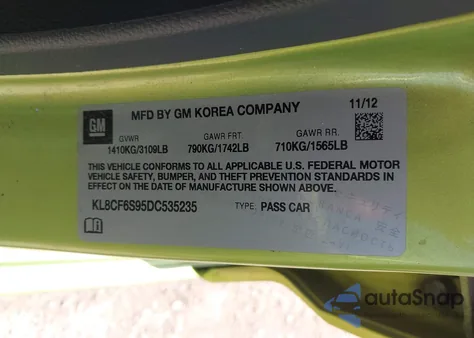 2013 Chevrolet Spark 2Lt Auto из США, поврежденный, VIN KL8CF6S95DC535235